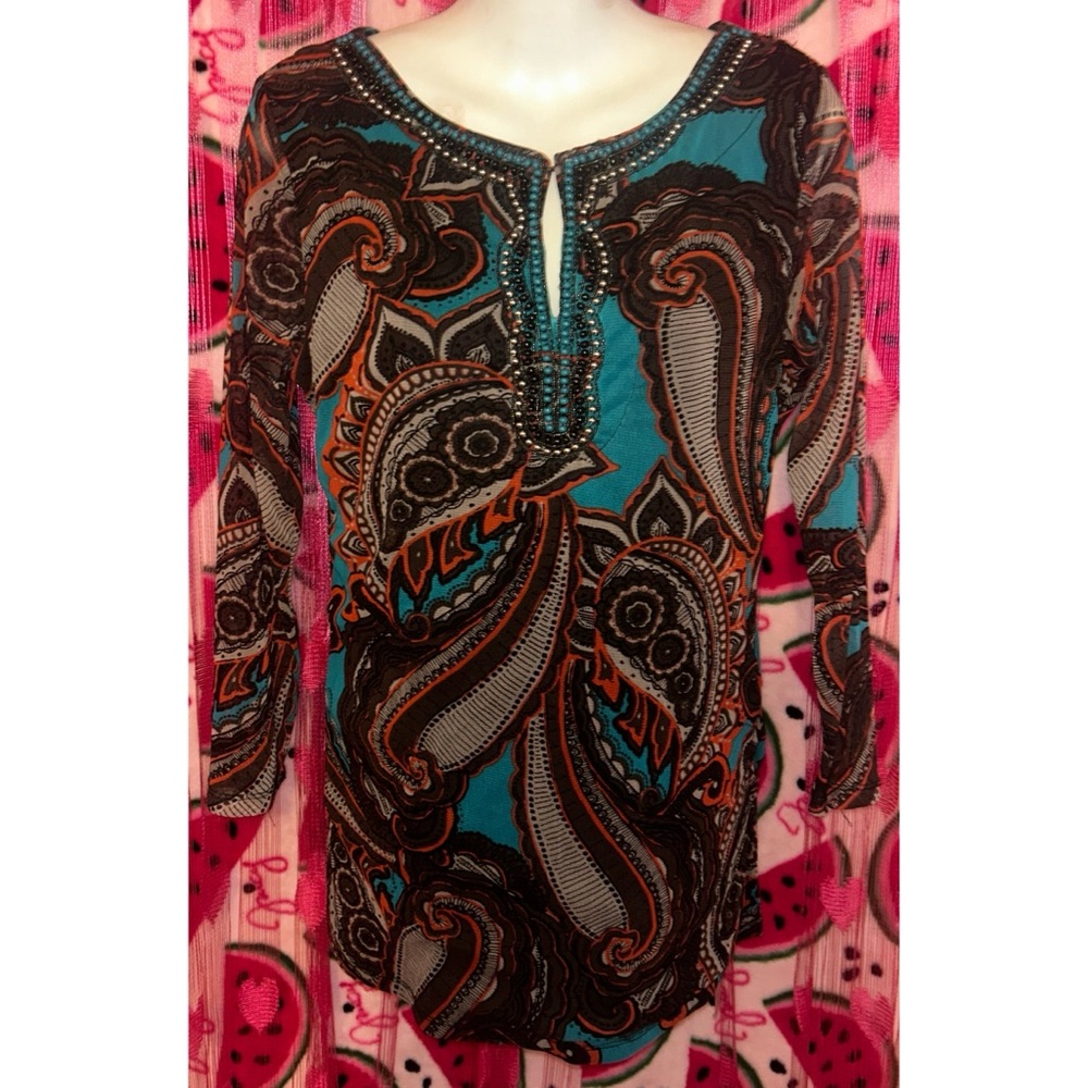 🤎🩵 INC Mesh Beaded Paisley Top